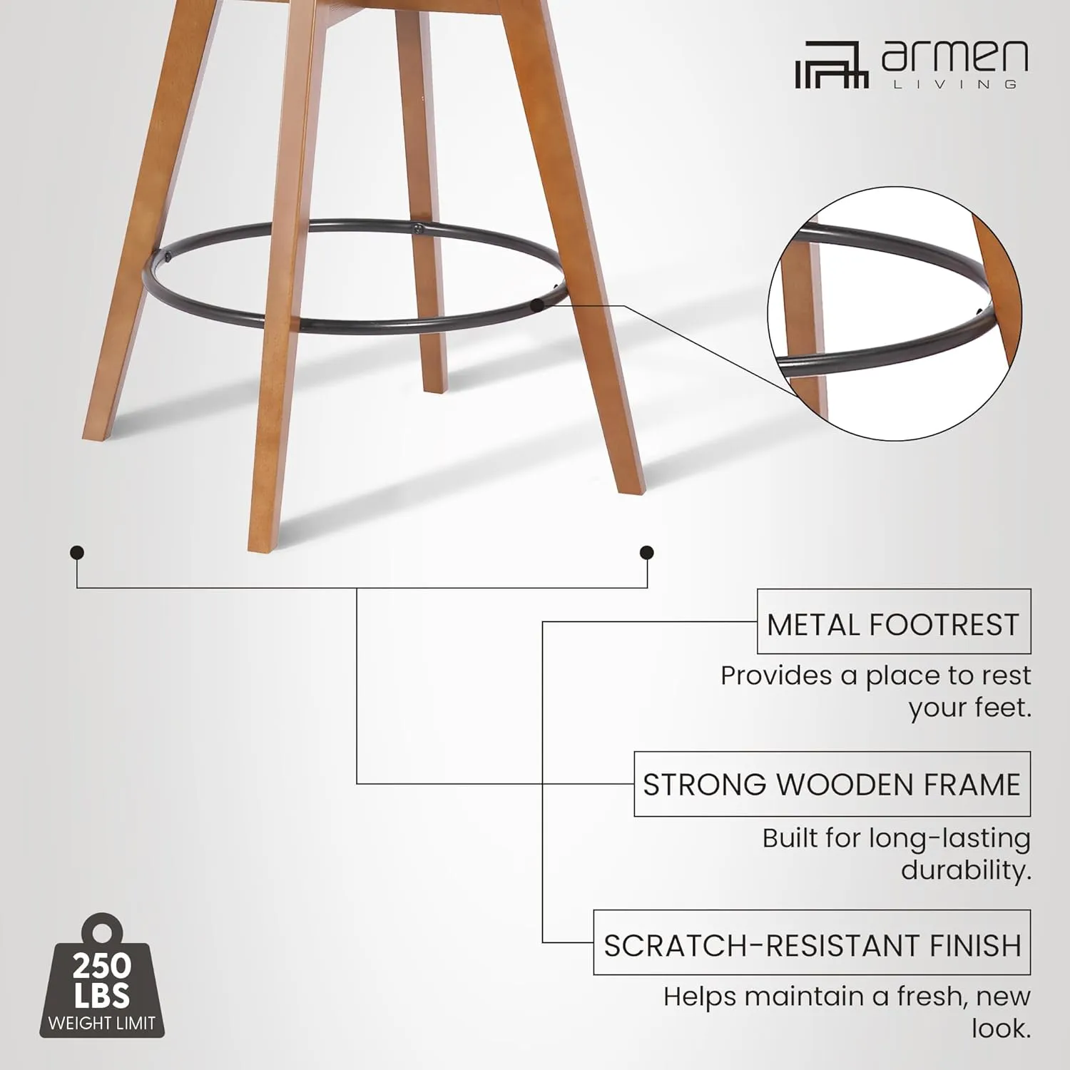 Armen Living Baylor Mid Century Modern Swivel Bar Stool for Kitchen Island Counter in Gray Faux Leather and Walnut Wood, 26" Seat Height