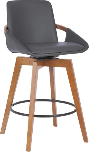 Armen Living Baylor Mid Century Modern Swivel Bar Stool for Kitchen Island Counter in Gray Faux Leather and Walnut Wood, 26" Seat Height
