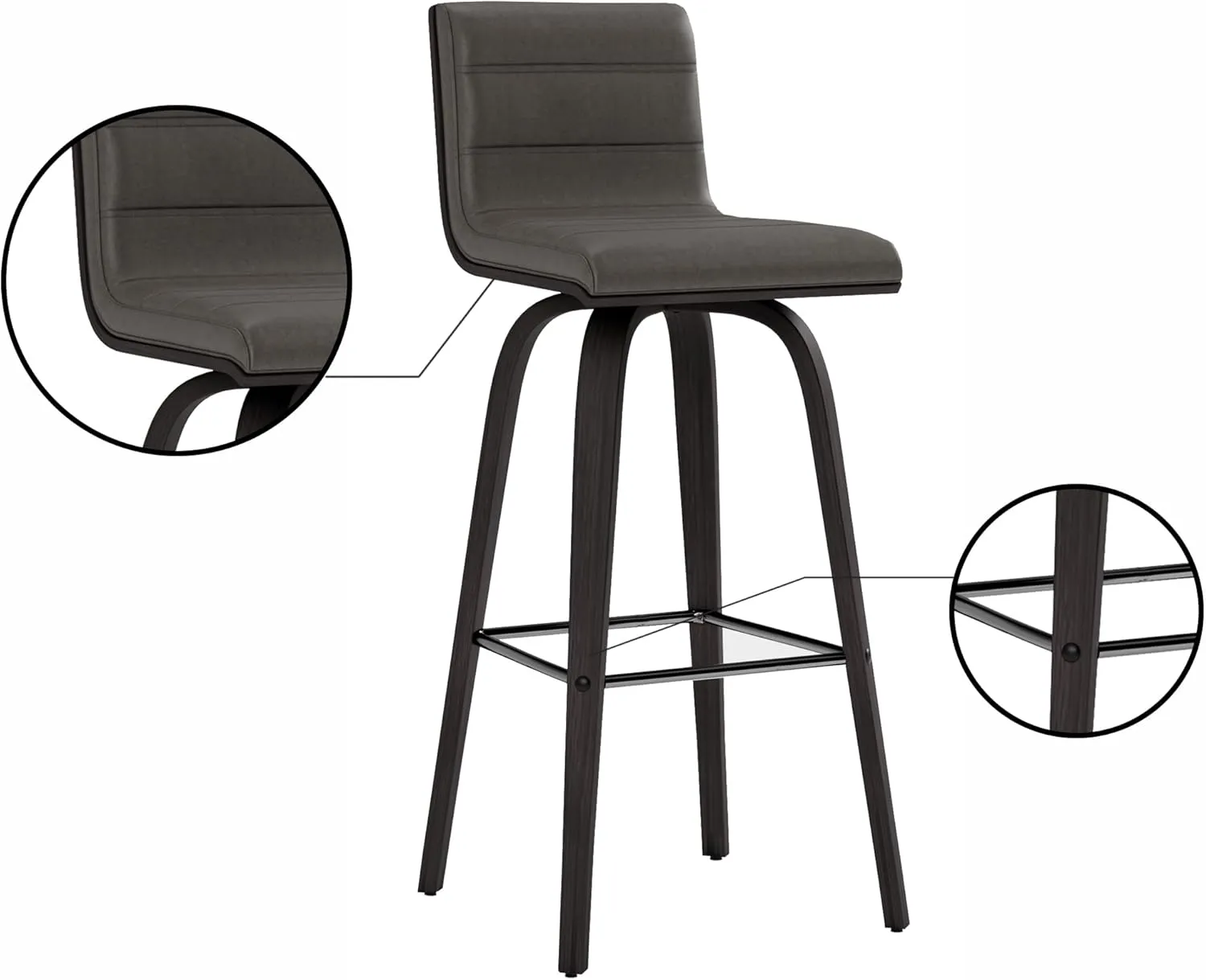 Armen Living size color options Vienna 30" Bar Height Barstool Brushed Wood Finish Faux Leather, Grey/Black