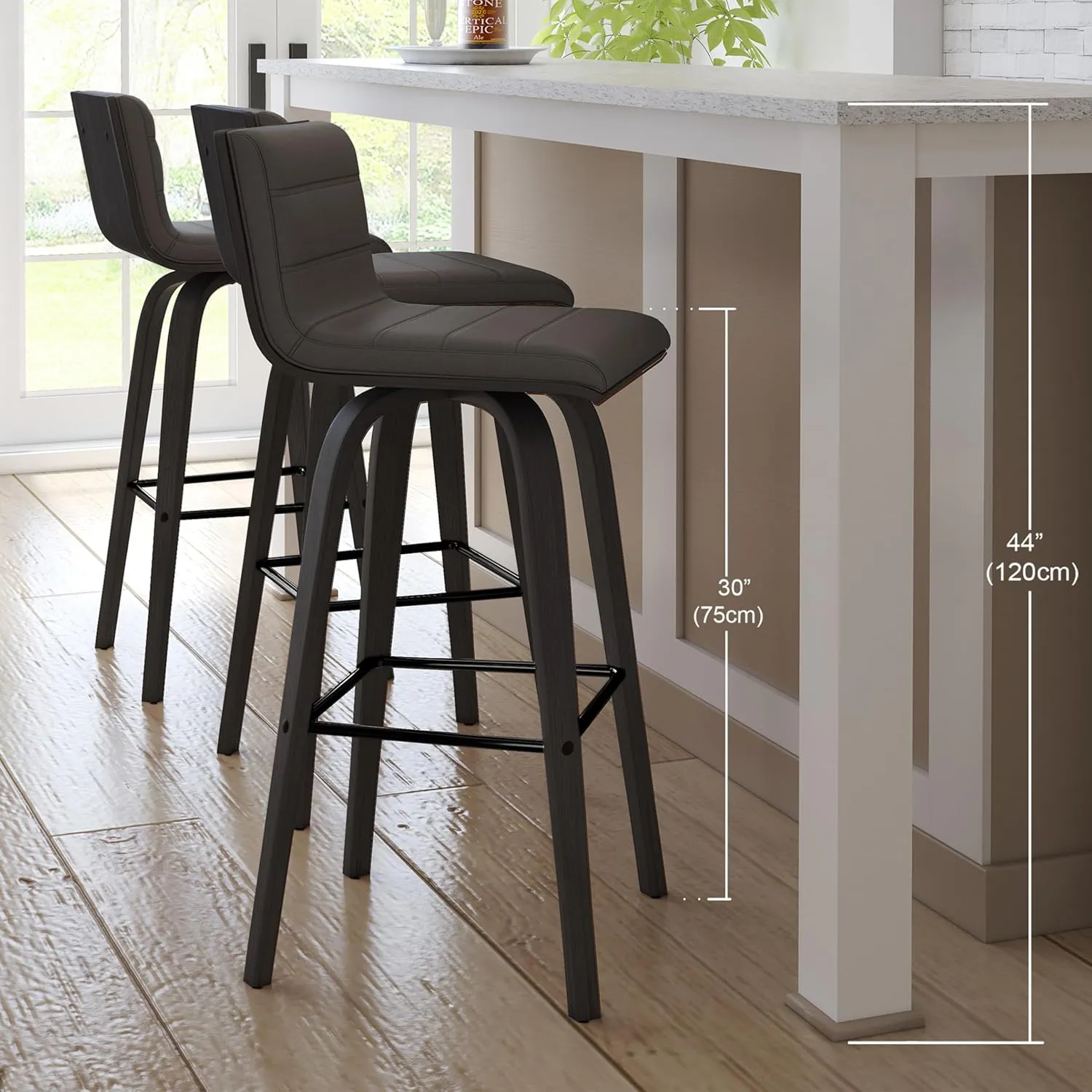 Armen Living size color options Vienna 30" Bar Height Barstool Brushed Wood Finish Faux Leather, Grey/Black