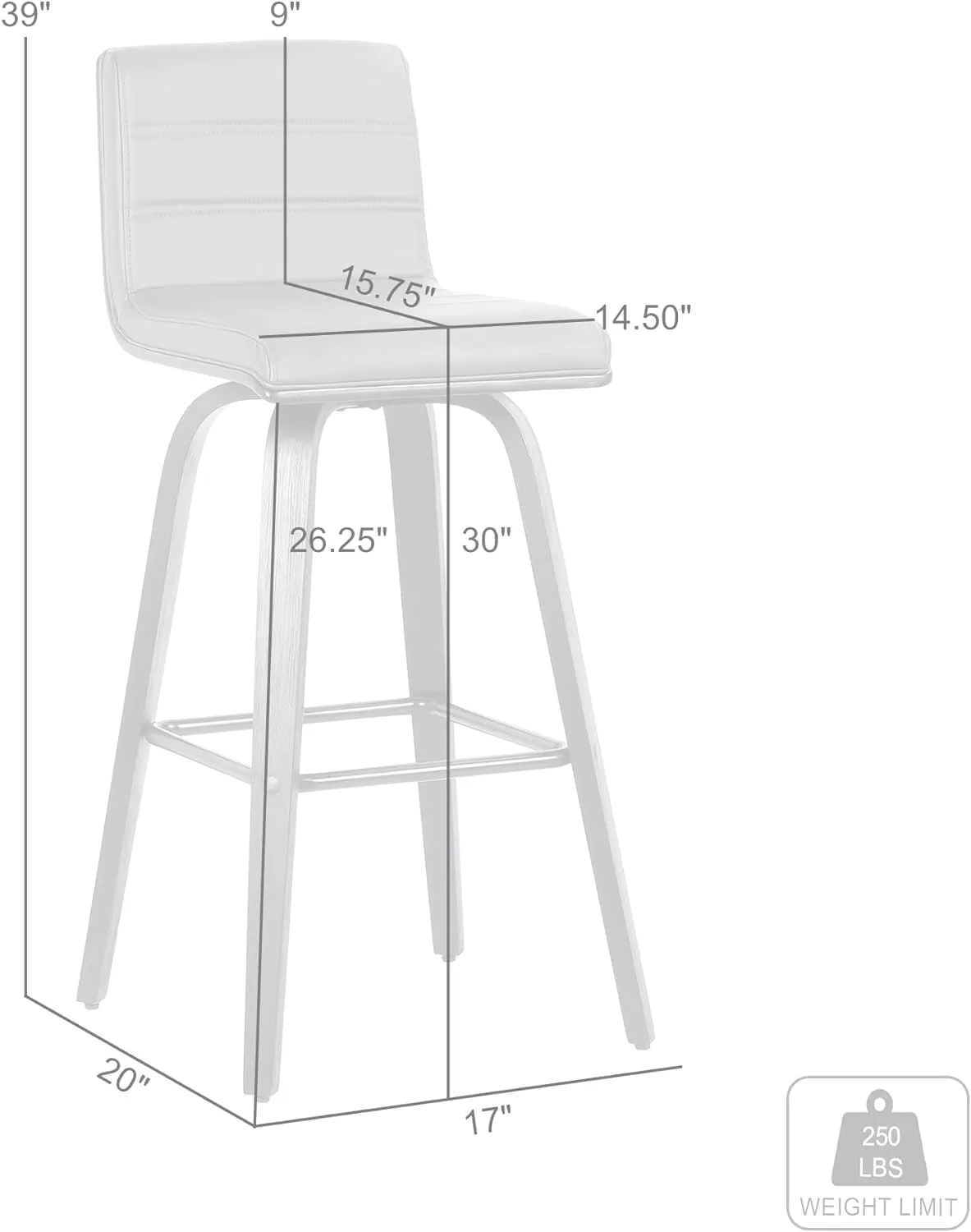 Armen Living size color options Vienna 30" Bar Height Barstool Brushed Wood Finish Faux Leather, Grey/Black