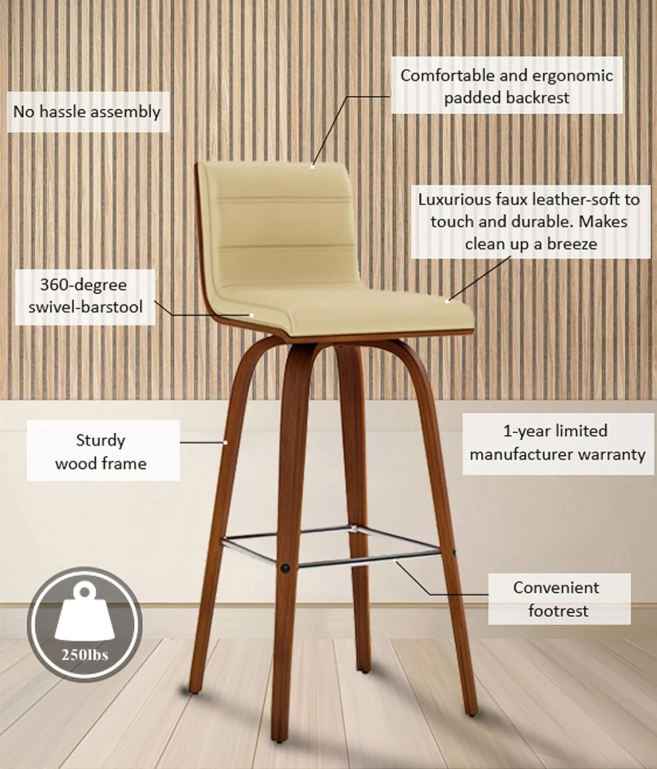 Armen Living Vienna Bar Height Bar Stool Kitchen and Dining, 30" Cream/Walnut, More color/size option