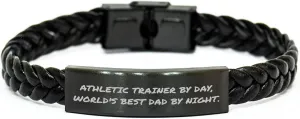 Athletic Trainer By Day, World's Best Dad By Night Interlaced Leather Bracelet Birthday Unique Gift for Men, Engraved Stainless Steel and PU Leather, 7.87 inch Length