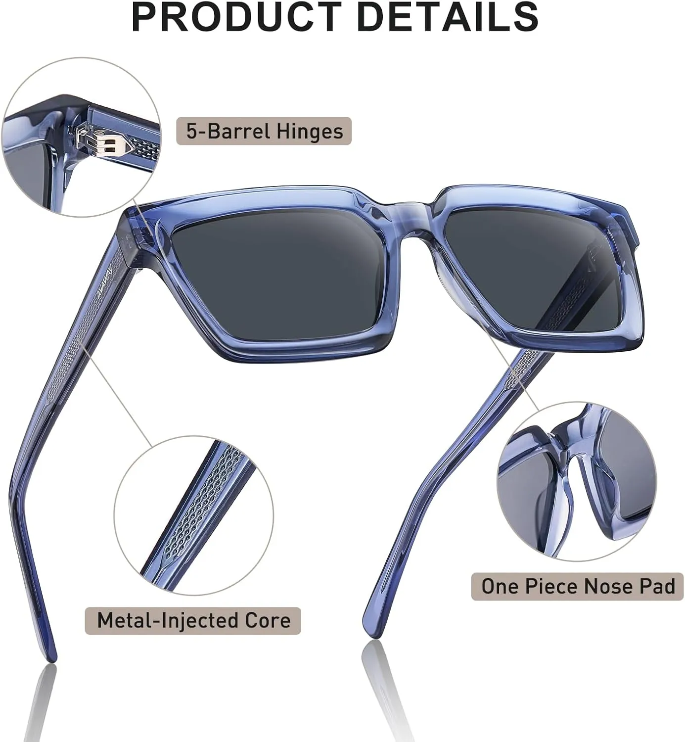 AVAWAY Unisex Square Acetate Polarized Sunglasses Women Men UV400 Retro Sun Glasses for Driving/Fishing/Daily Wear