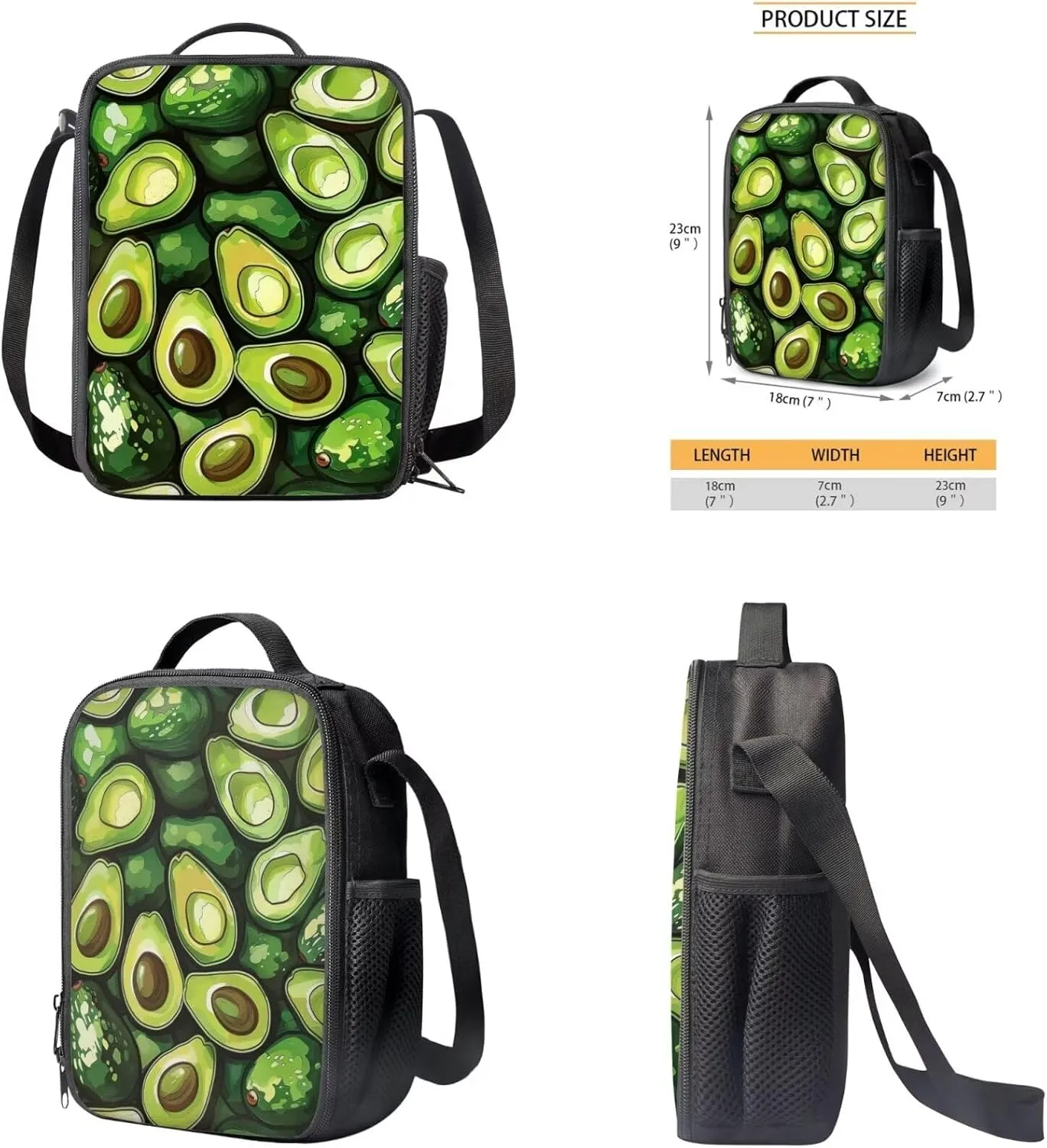 Avocado Print Backpack with Lunch Box for Girls Multi-Pockets Adjustable Straps Crossbody School Bag Waterproof and Oil Proof Nursing School Bag for Work Outdoor Travel