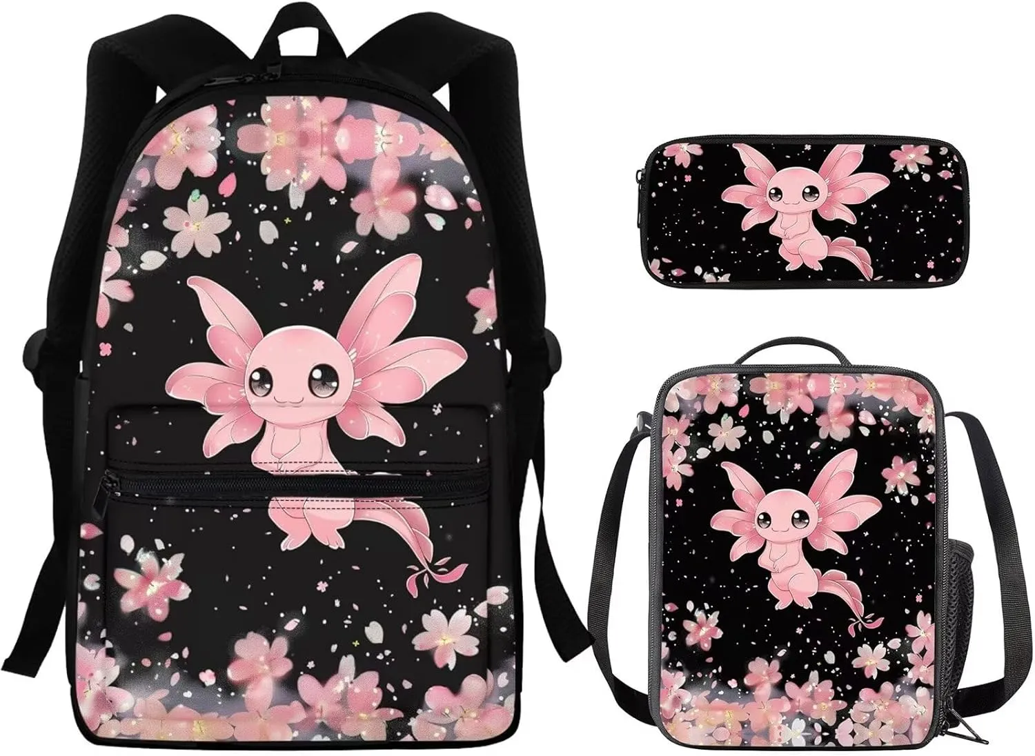 Axolotl Backpack for Girls 10-12 Girl Back Pack Set 15 Inch Lightweight School Bag with Foldable Portable Lunch Box Mini Pencil Case for Primary School