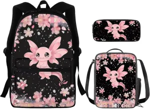 Axolotl Backpack for Girls 10-12 Girl Back Pack Set 15 Inch Lightweight School Bag with Foldable Portable Lunch Box Mini Pencil Case for Primary School
