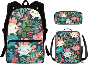 Axolots Backpack Lunchbox Combo Toddler Double Multi-Pockets Tote Bag for School Waterproof Keep Warm Lunch Backpack for Student Picnic School Vaction