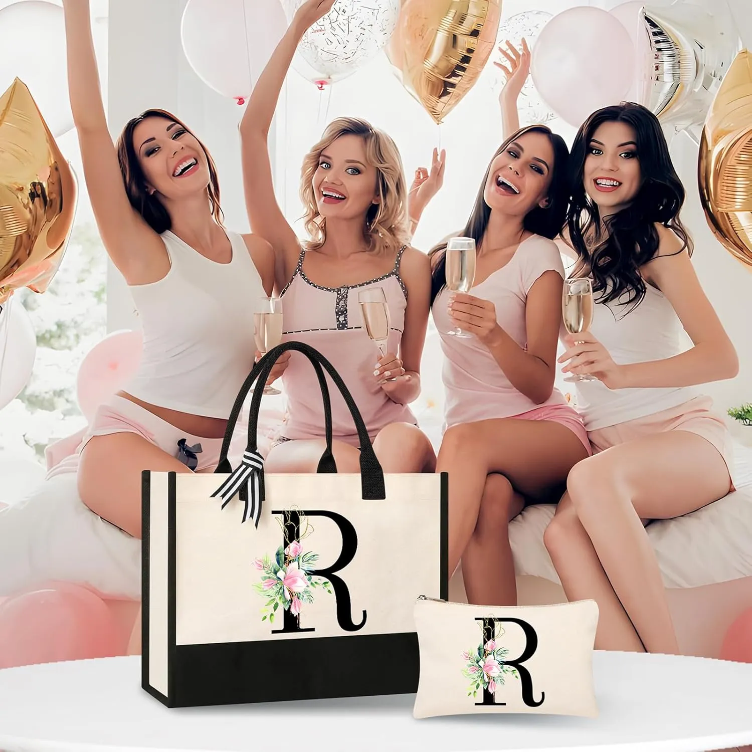 AYGE Personalized Initial Canvas Beach Bag Cosmetic Bags, Monogrammed Gifts for Women, Tote Bag, Makeup Bag, Birthday Gifts for Sister Mom Teacher Bridesmaid (R)