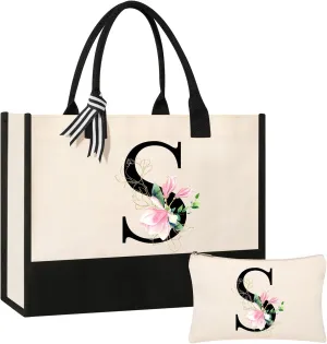 AYGE Personalized Initial Canvas Beach Bag Cosmetic Bags, Monogrammed Gifts for Women, Tote Bag, Makeup Bag, Birthday Gifts for Sister Mom Teacher Bridesmaid (S)