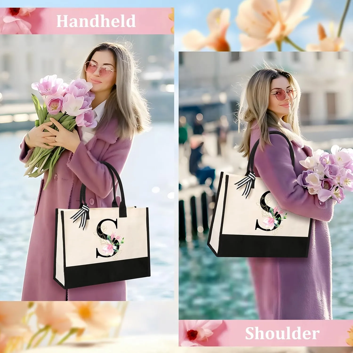 AYGE Personalized Initial Canvas Beach Bag Cosmetic Bags, Monogrammed Gifts for Women, Tote Bag, Makeup Bag, Birthday Gifts for Sister Mom Teacher Bridesmaid (S)