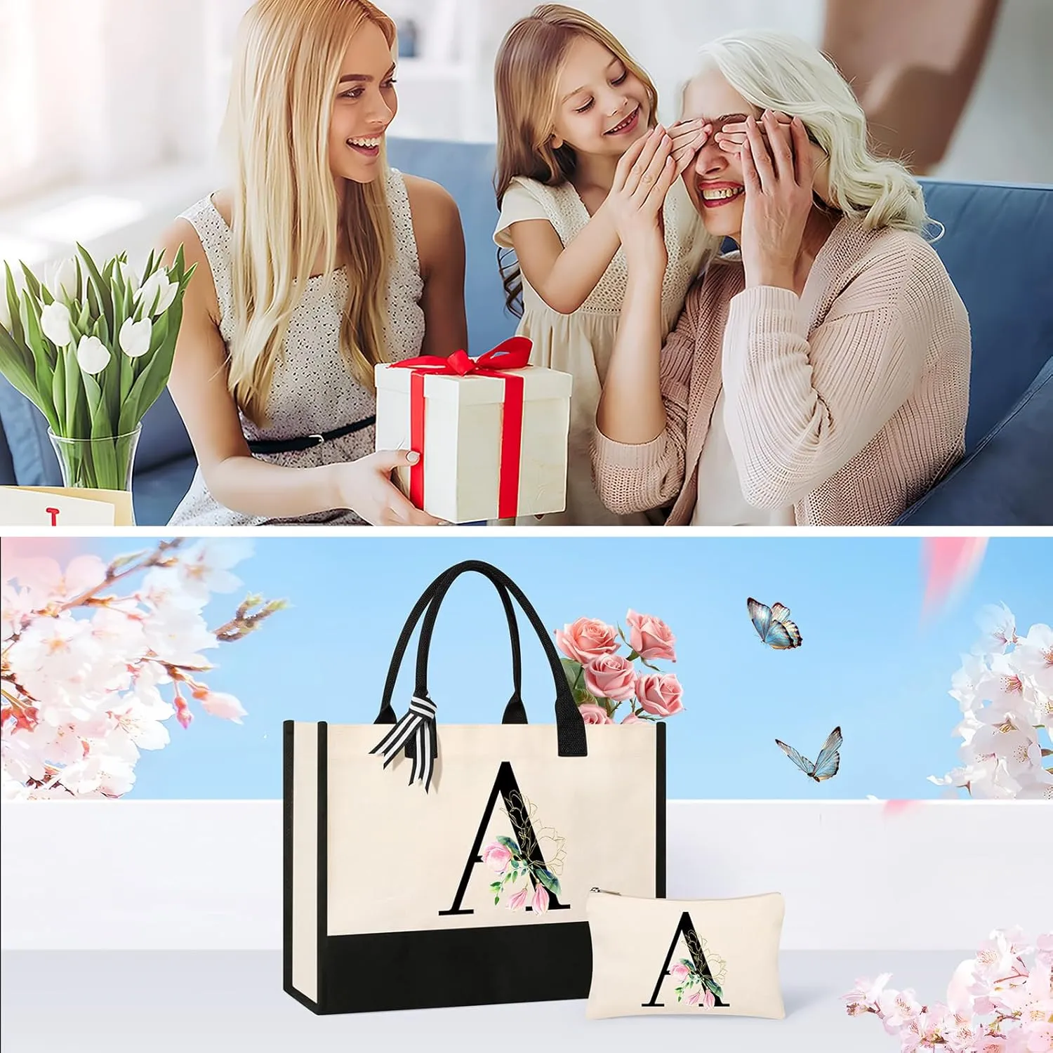 AYGE Personalized Initial Canvas Beach Tote, Monogrammed Gifts for Women, Makeup Bag, Birthday Gifts for Sister, Mom, Teacher, Bridesmaid (A)