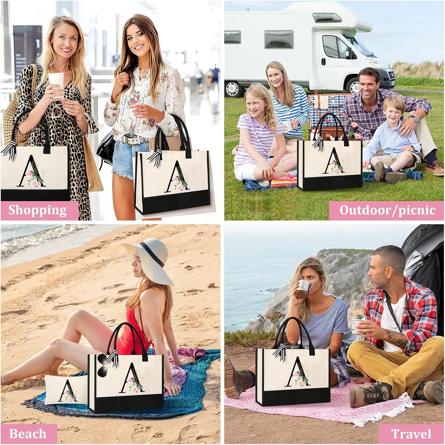 AYGE Personalized Initial Canvas Beach Tote, Monogrammed Gifts for Women, Makeup Bag, Birthday Gifts for Sister, Mom, Teacher, Bridesmaid (A)