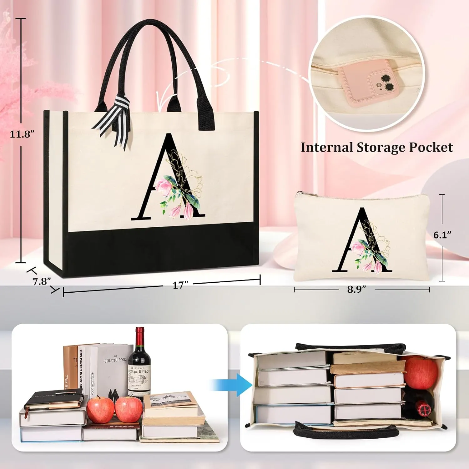 AYGE Personalized Initial Canvas Beach Tote, Monogrammed Gifts for Women, Makeup Bag, Birthday Gifts for Sister, Mom, Teacher, Bridesmaid (A)