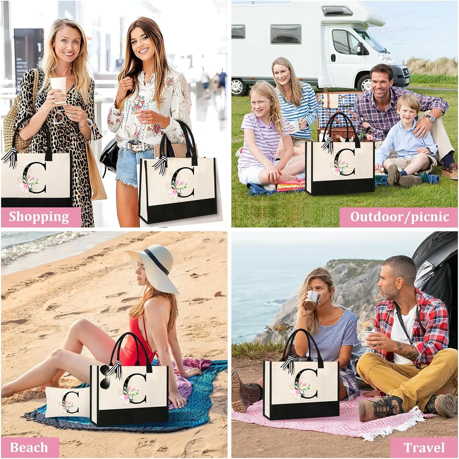 AYGE Personalized Initial Canvas Beach Tote, Monogrammed Gifts for Women, Makeup Bag, Birthday Gifts for Sister, Mom, Teacher, Bridesmaid (C)