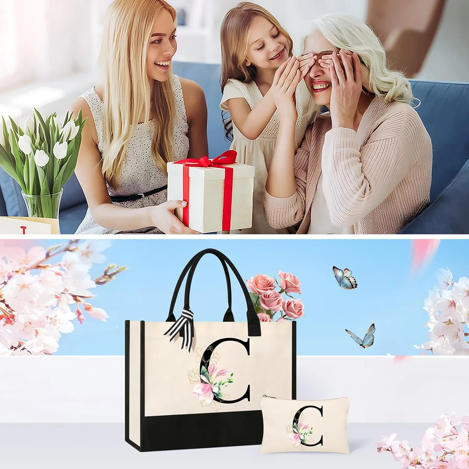 AYGE Personalized Initial Canvas Beach Tote, Monogrammed Gifts for Women, Makeup Bag, Birthday Gifts for Sister, Mom, Teacher, Bridesmaid (C)