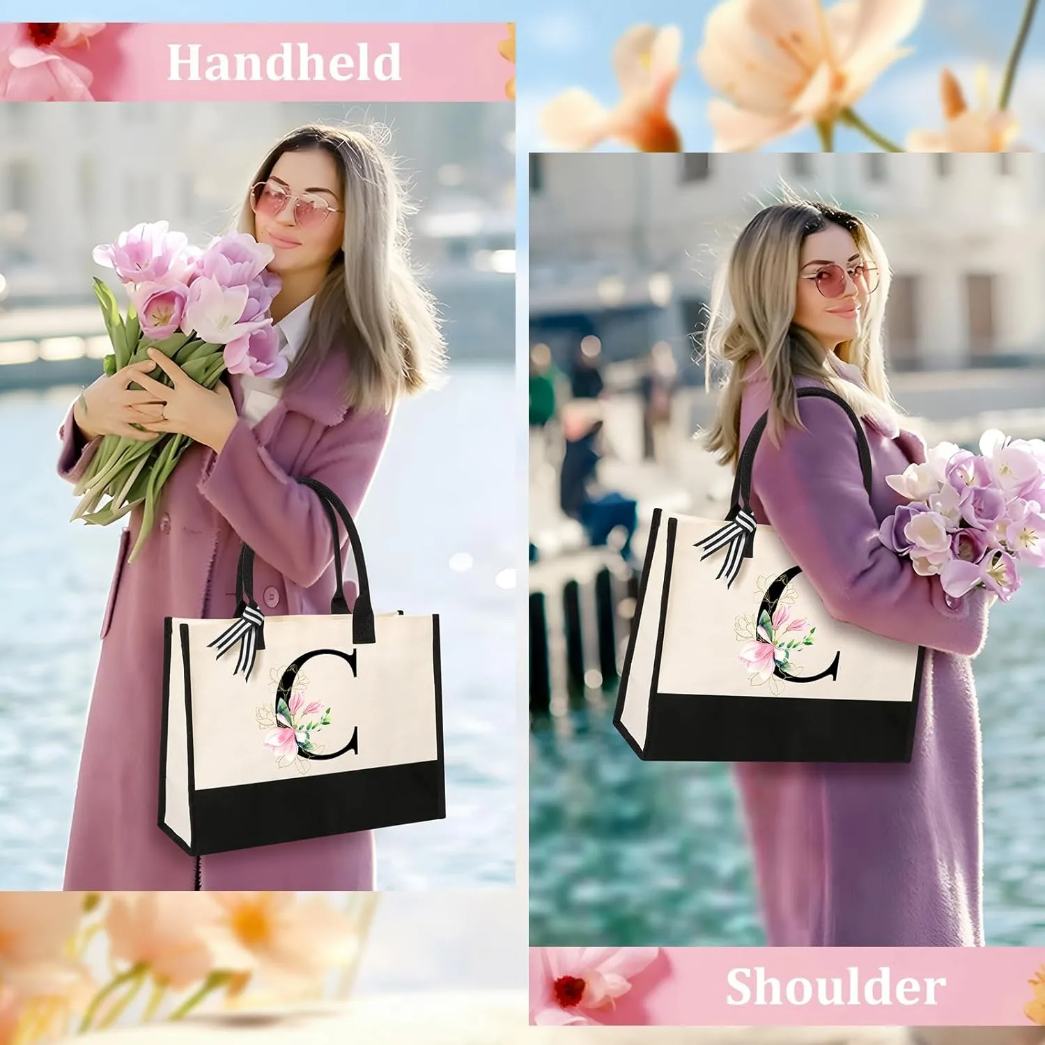 AYGE Personalized Initial Canvas Beach Tote, Monogrammed Gifts for Women, Makeup Bag, Birthday Gifts for Sister, Mom, Teacher, Bridesmaid (C)