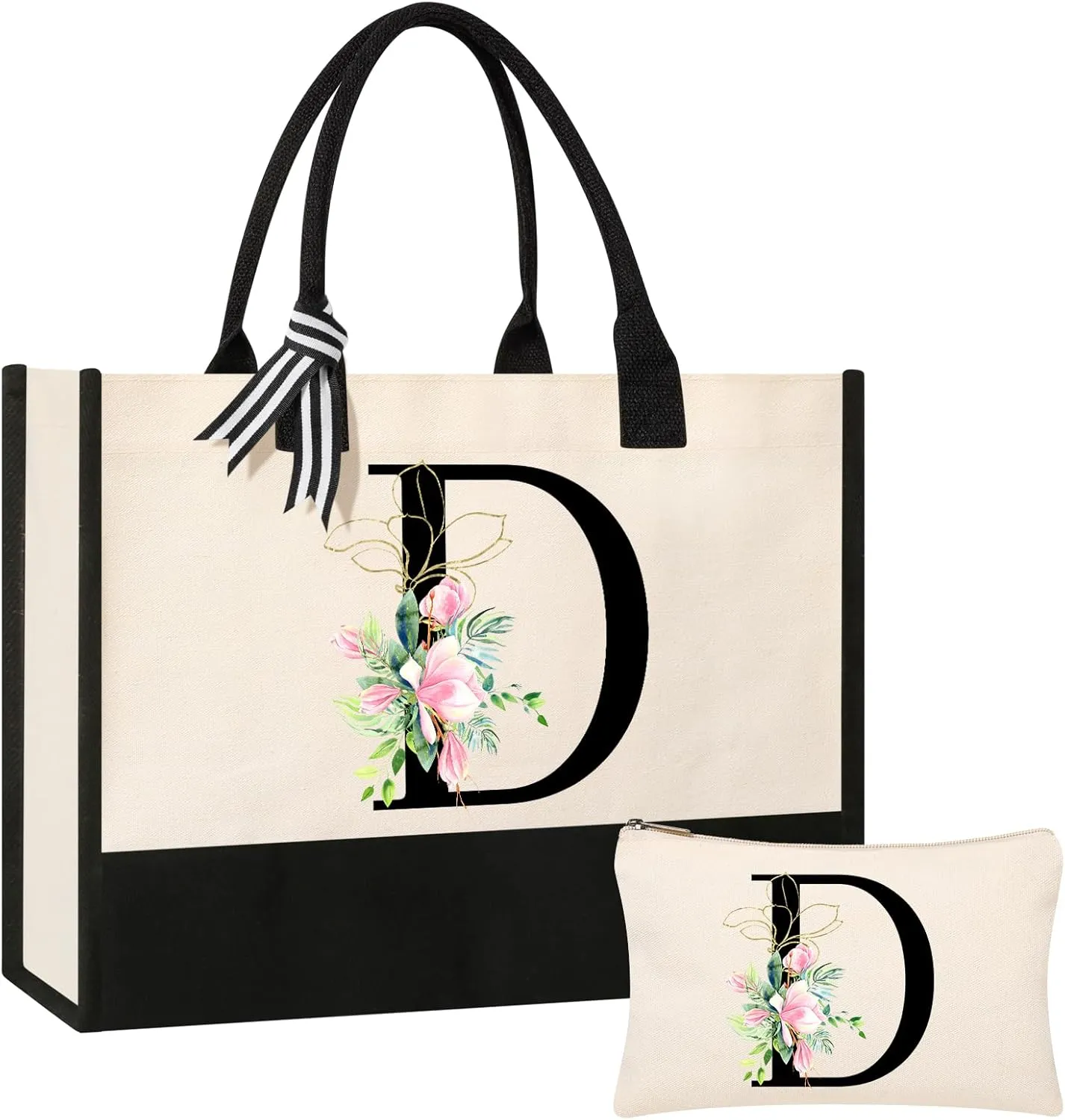 AYGE Personalized Initial Canvas Beach Tote, Monogrammed Gifts for Women, Makeup Bag, Birthday Gifts for Sister, Mom, Teacher, Bridesmaid (D)