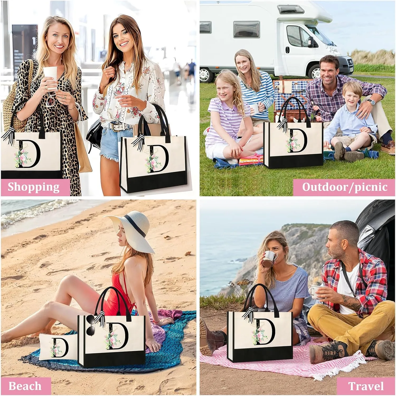 AYGE Personalized Initial Canvas Beach Tote, Monogrammed Gifts for Women, Makeup Bag, Birthday Gifts for Sister, Mom, Teacher, Bridesmaid (D)