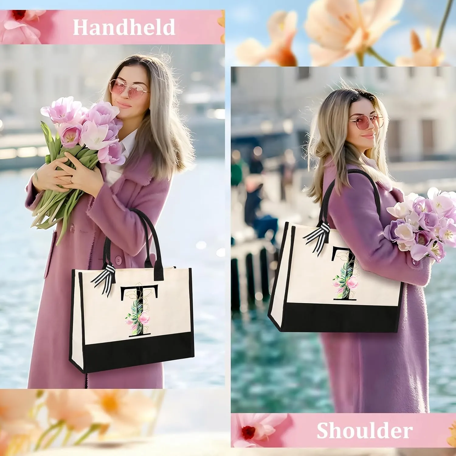 AYGE Personalized Initial Canvas Beach Tote, Monogrammed Gifts for Women, Makeup Bag, Birthday Gifts for Sister, Mom, Teacher, Bridesmaid