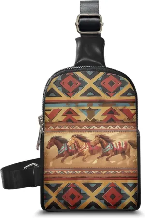 Aztec Western Horse Women Sling bag for Ladies Travel Crossbody Bag for Woman Portable Cross Body Bag for Mother Lady Casual Small Backpack with Zipper and Card Slot