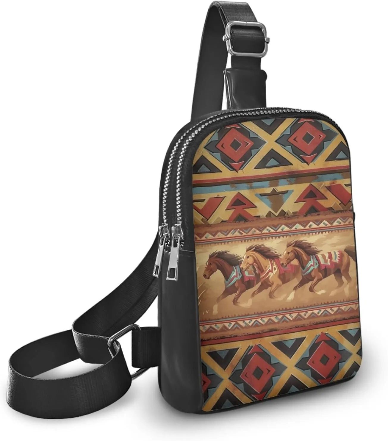 Aztec Western Horse Women Sling bag for Ladies Travel Crossbody Bag for Woman Portable Cross Body Bag for Mother Lady Casual Small Backpack with Zipper and Card Slot