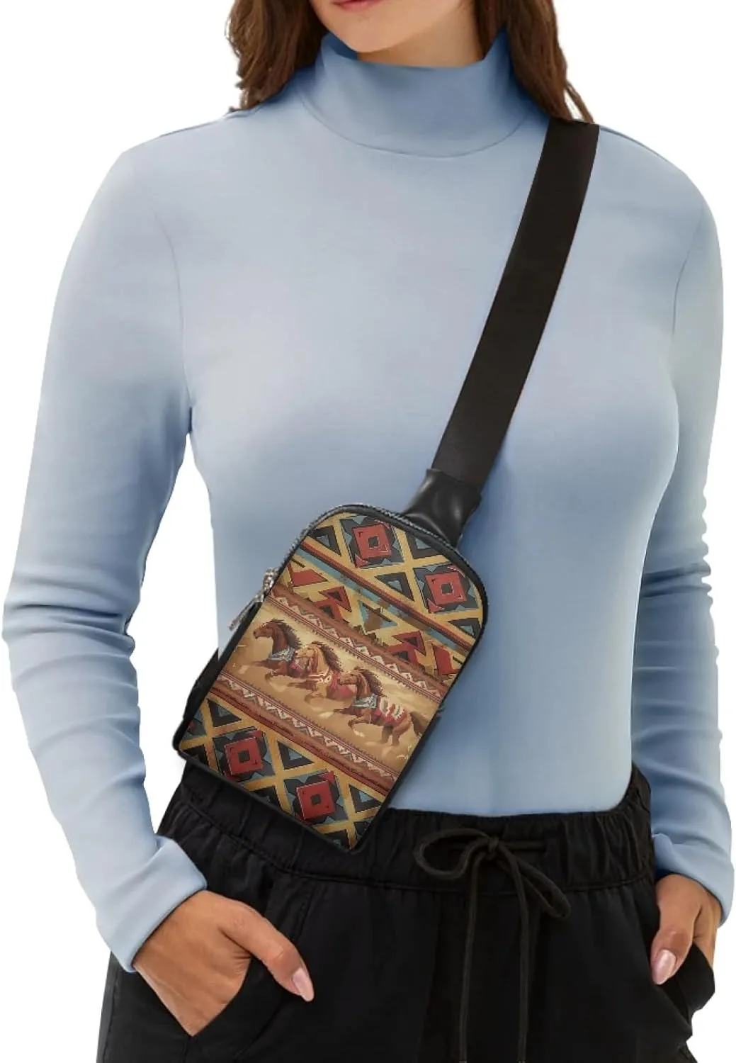 Aztec Western Horse Women Sling bag for Ladies Travel Crossbody Bag for Woman Portable Cross Body Bag for Mother Lady Casual Small Backpack with Zipper and Card Slot