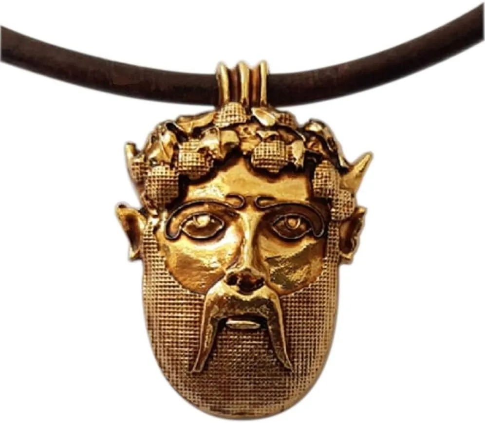 Bacchus Mask, Reproduction of an ancient Etruscan trinket Gold plated Lucky Charm Amulet pendant with necklace. Dionysus, Craft Jewel, Unique model