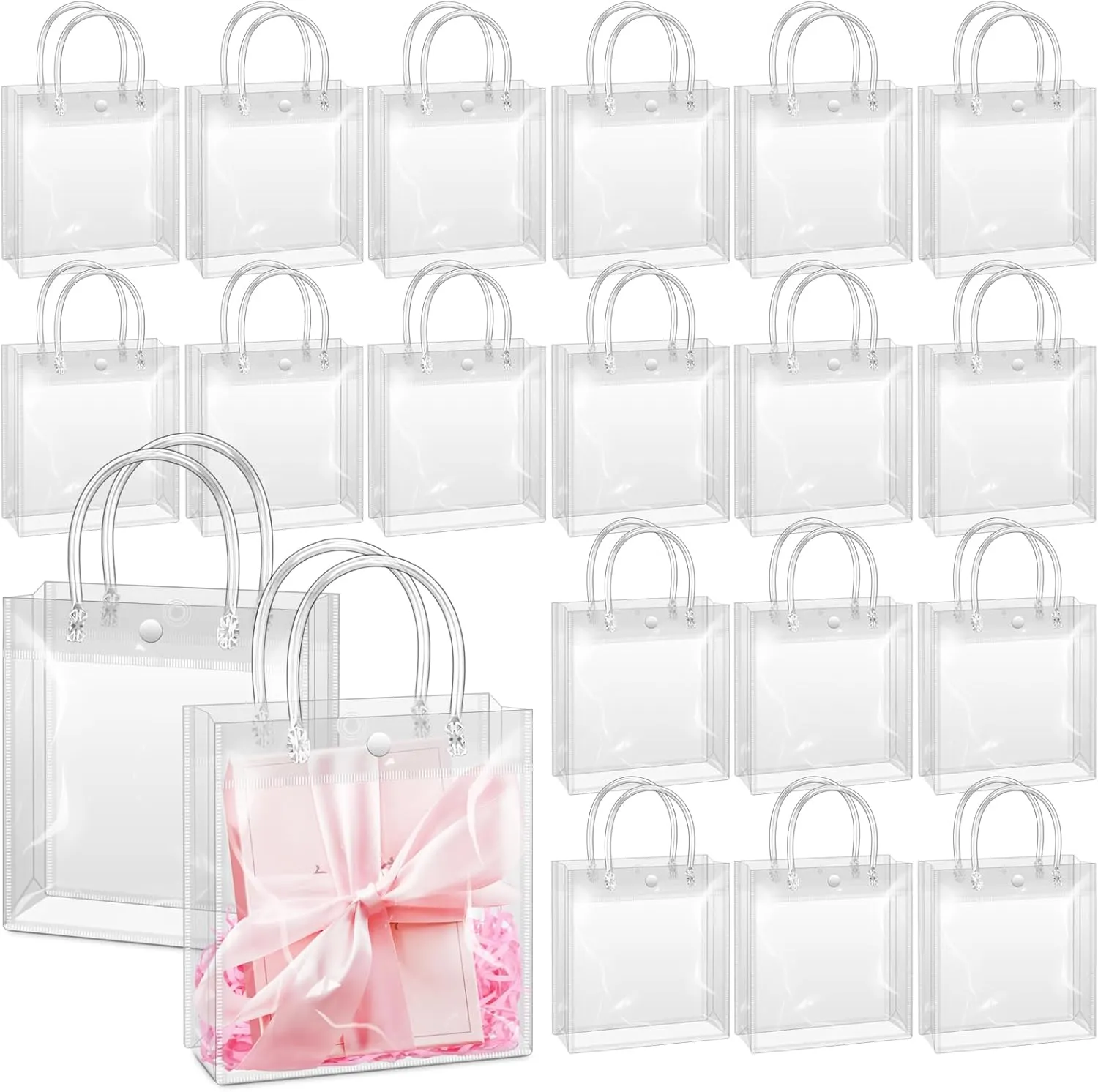 BadenBach 48PCS Small Clear Gift Bags with Handle,5.9" x 6.3" x 2.8",Mini Plastic Gift Bags Reusable Clear Goodie Bags Transparent Gift Wrap Bags for Party Favor Wedding Baby Shower Mother's Day