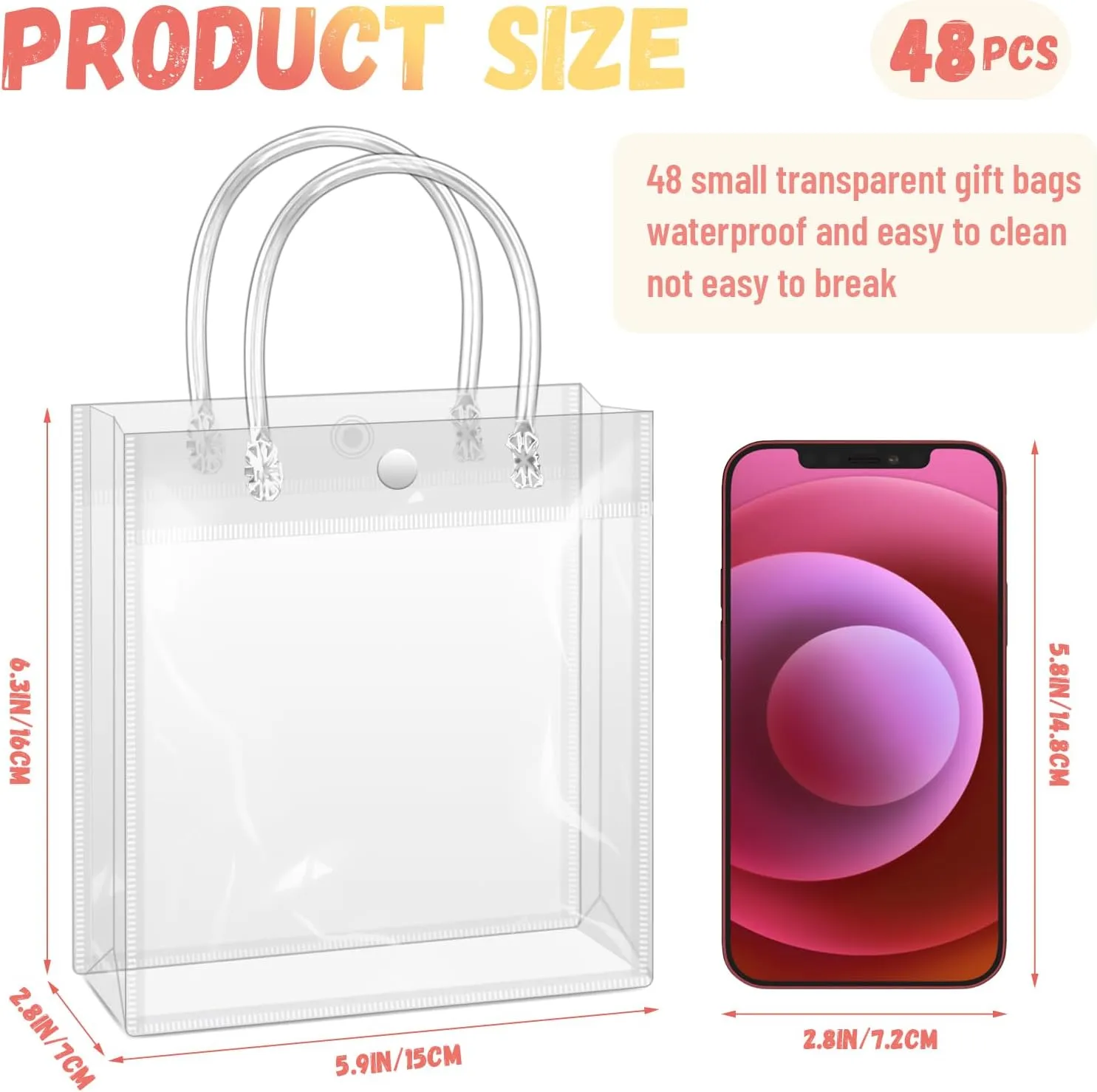 BadenBach 48PCS Small Clear Gift Bags with Handle,5.9" x 6.3" x 2.8",Mini Plastic Gift Bags Reusable Clear Goodie Bags Transparent Gift Wrap Bags for Party Favor Wedding Baby Shower Mother's Day