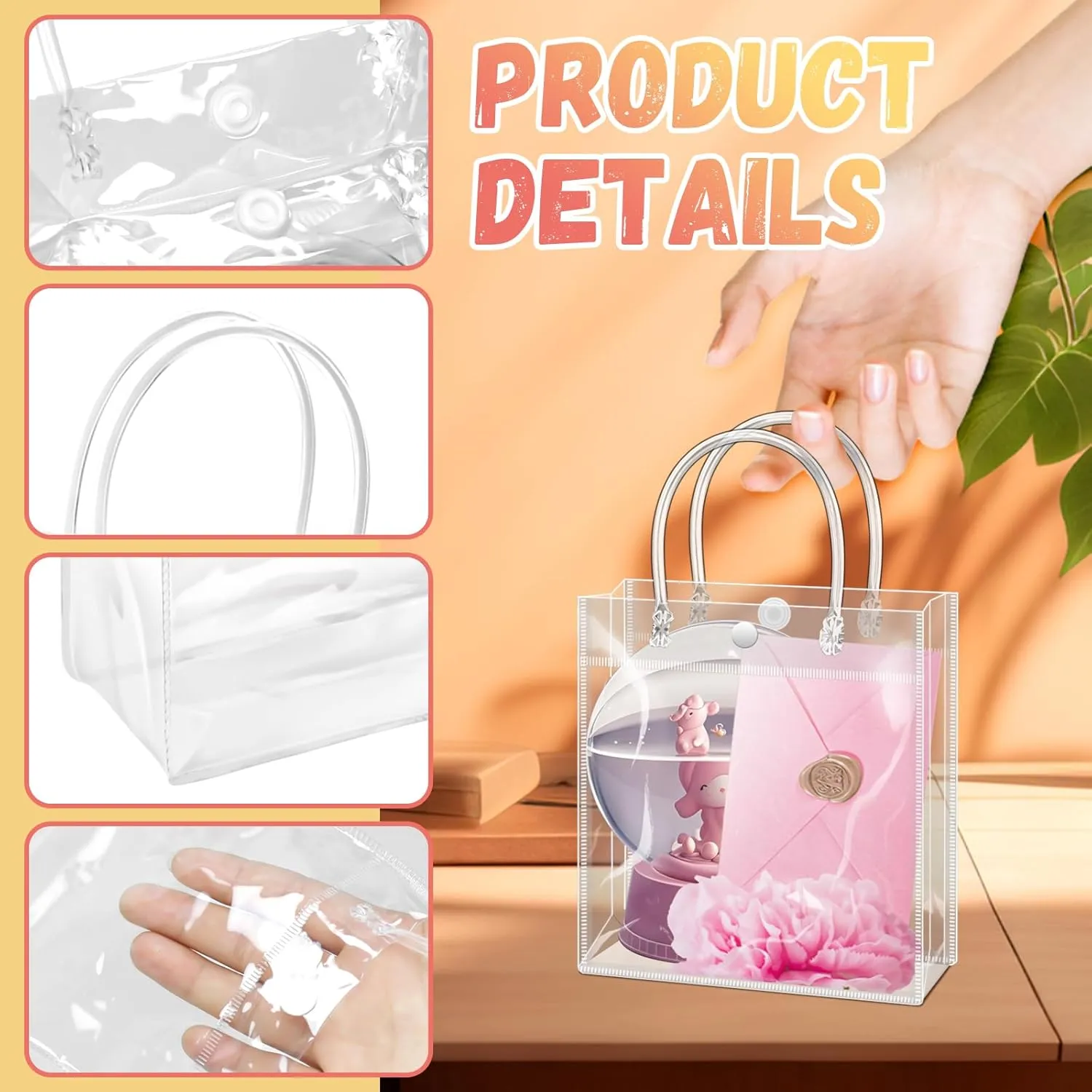 BadenBach 48PCS Small Clear Gift Bags with Handle,5.9" x 6.3" x 2.8",Mini Plastic Gift Bags Reusable Clear Goodie Bags Transparent Gift Wrap Bags for Party Favor Wedding Baby Shower Mother's Day