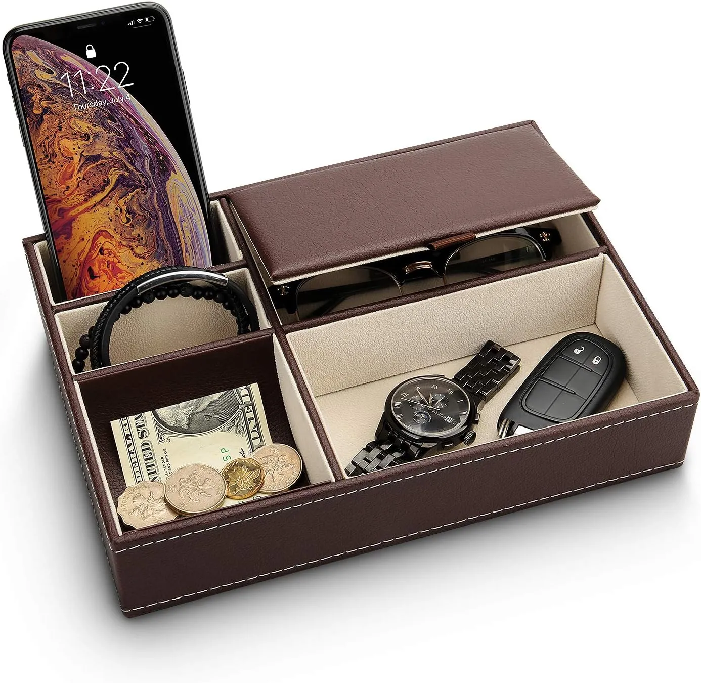 Baoyun Mens Valet Tray Organizer - Leather Nightstand Dresser Top Box with 5 Compartment for Accessories, Wallet, Phone, Keys (Brown)