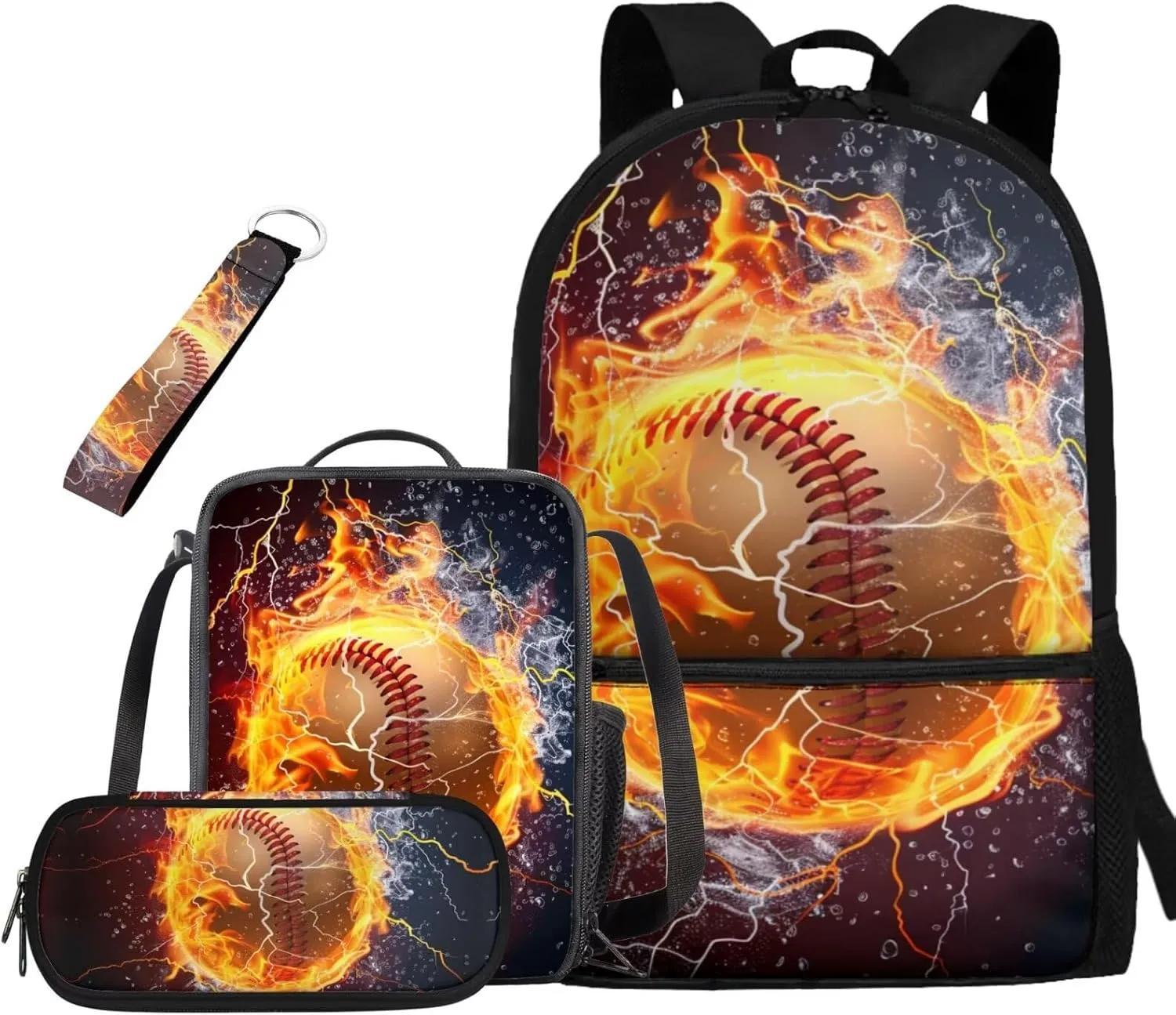 Baseball Bookbags for 5Th Grade Boys and Lunch Bag Keychain and Kawaii Pencil Pouch with Front Pocket for School Teens 17 Inch School Bag with Side Pocket