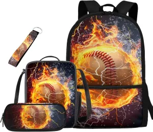 Baseball Bookbags for 5Th Grade Boys and Lunch Bag Keychain and Kawaii Pencil Pouch with Front Pocket for School Teens 17 Inch School Bag with Side Pocket