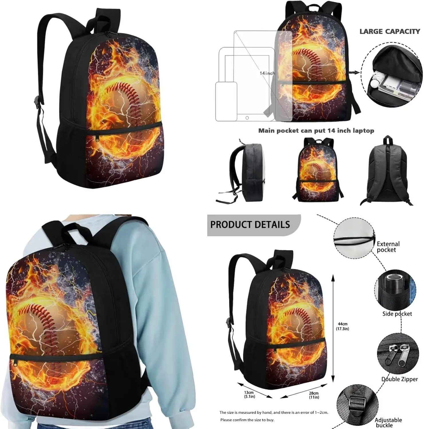 Baseball Bookbags for 5Th Grade Boys and Lunch Bag Keychain and Kawaii Pencil Pouch with Front Pocket for School Teens 17 Inch School Bag with Side Pocket