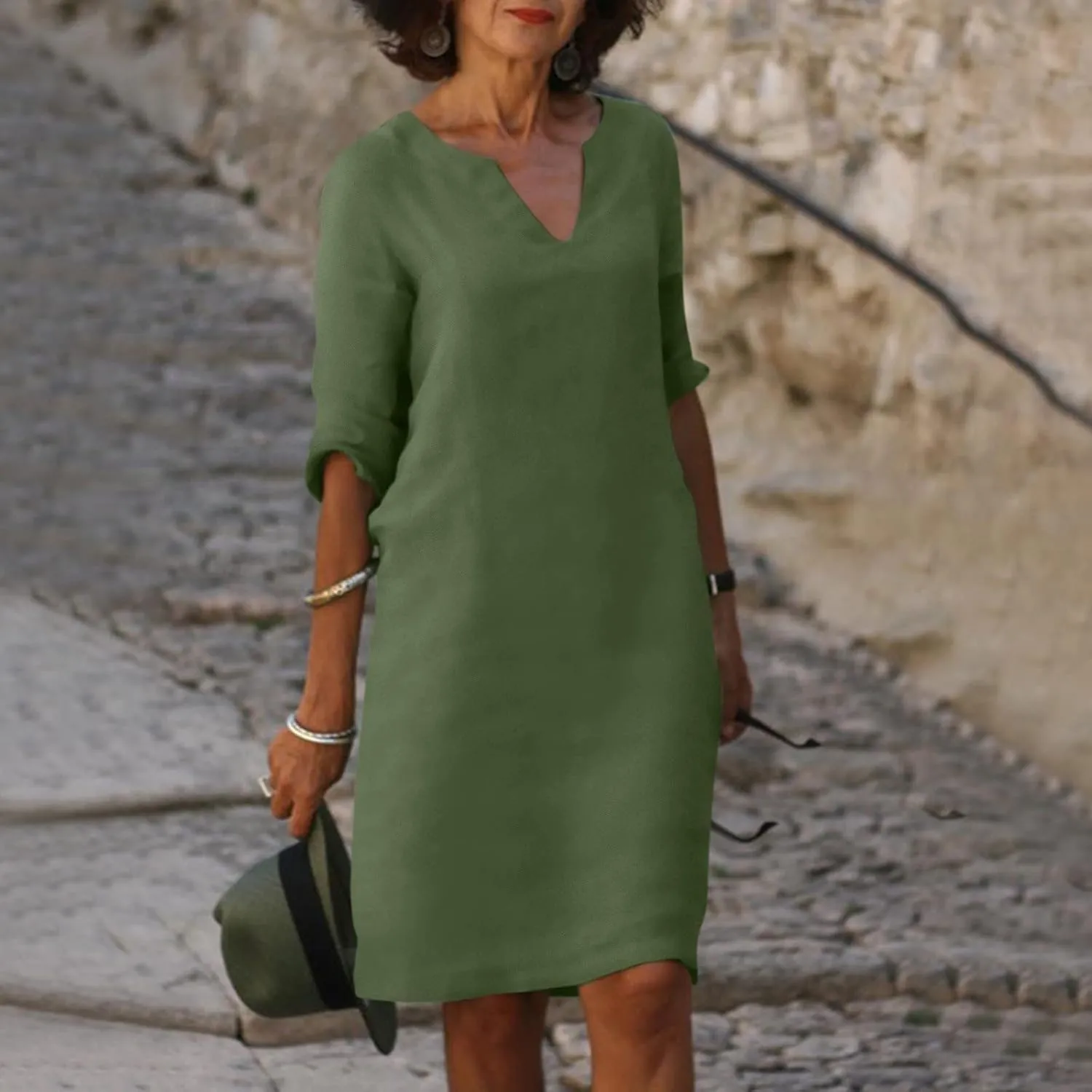 BAXLIMEK Cotton Linen Dresses for Women,2025 Summer Trendy Elegant Plain Beach Dress,Casual 3/4 Sleeve Midi Dress