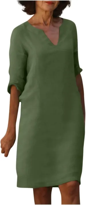 BAXLIMEK Cotton Linen Dresses for Women,2025 Summer Trendy Elegant Plain Beach Dress,Casual 3/4 Sleeve Midi Dress