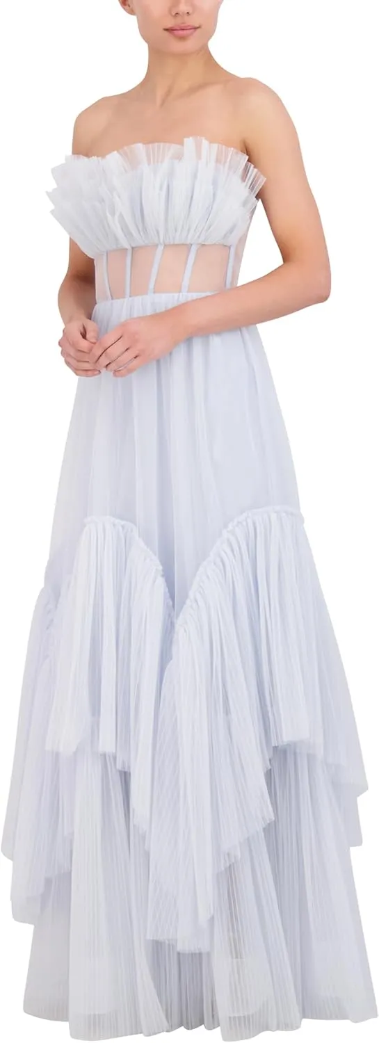BCBGMAXAZRIA Women's Strapless Sweetheart Neck Evening Maxi Dress with Tiered Ruffle Skirt
