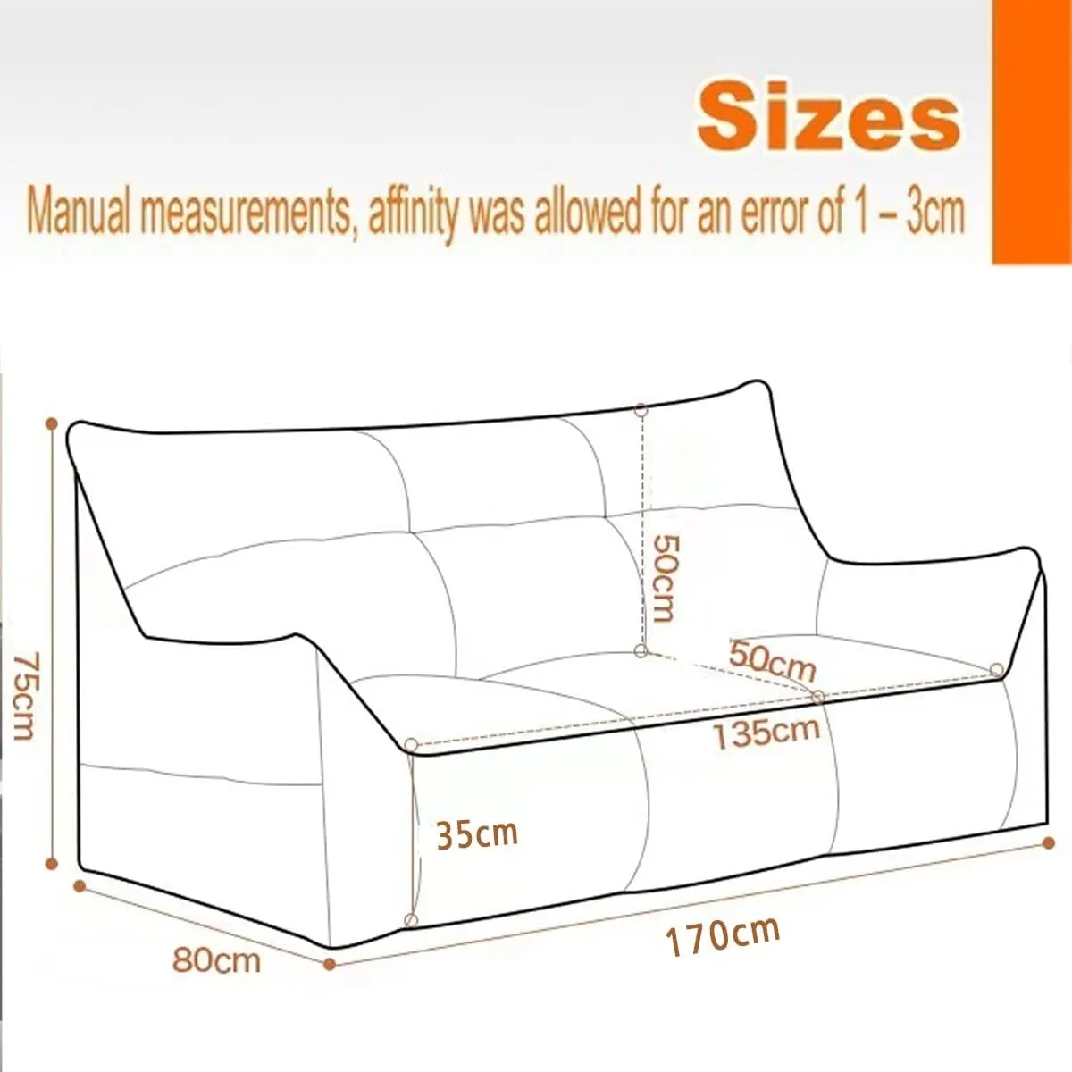 Bean Bag Chair Top Faux Leather 3-seat Lazy Sofa Cover Bean Bag Cover No Filler Sectional Beanbag Couch Sofa Chaise Lounge Recliner Frameless Furniture Living Room (Color : 3-seat-Orange)