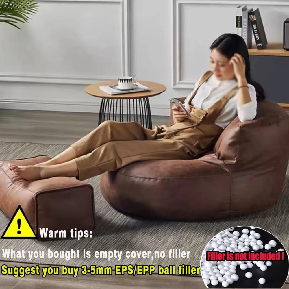Bean Bag Chairs for Adults Without Filler BeanBag Sofa Faux Leather Beanbag Chair Ottoman Pouf Stool Corner Seat Footrest Furniture(Retro Brown,Sofa Pedal Cover)