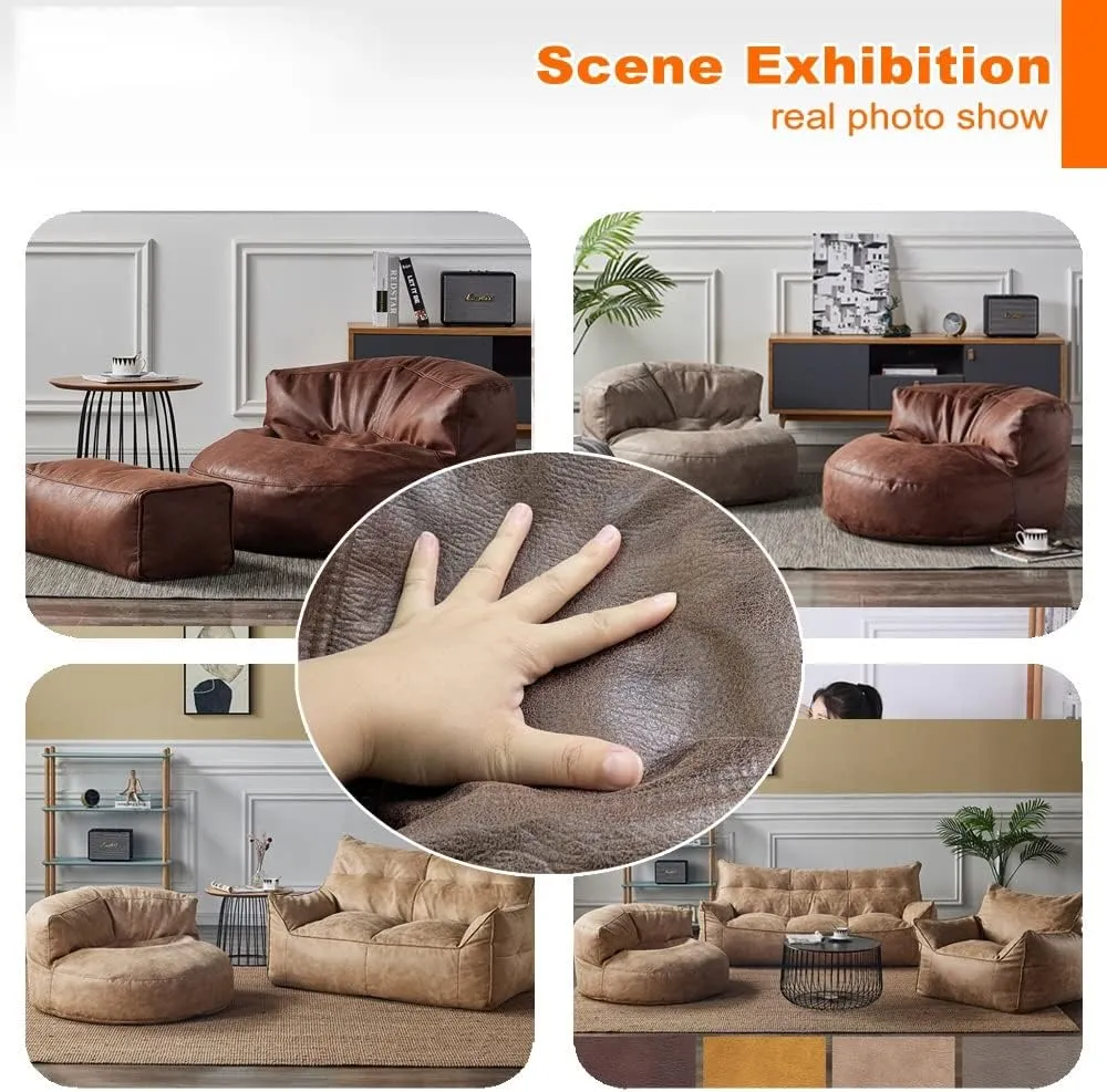 Bean Bag Chairs for Adults Without Filler BeanBag Sofa Faux Leather Beanbag Chair Ottoman Pouf Stool Corner Seat Footrest Furniture(Retro Brown,Sofa Pedal Cover)