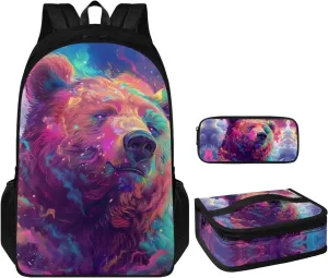 Bear Print Girls Bookbag with Lunch Box 8-15 Years Old 17 Inch Lightweight Preschool Backpack for Girls Portable Kawaii Lunch Bag for Junior Middle School