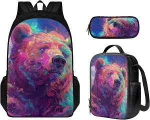 Bear Print School Backpack Set for Girls Age 6-10 Kids Backpack for Boys Adjustable Straps School Bag with Sturdy Zips Foldable Portable Lunch Box Mini Pencil Bag