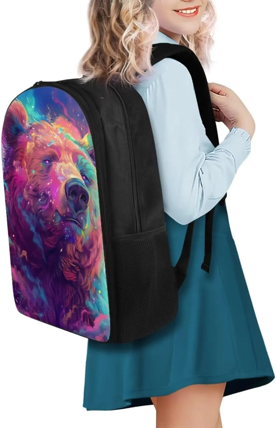 Bear Print School Backpack Set for Girls Age 6-10 Kids Backpack for Boys Adjustable Straps School Bag with Sturdy Zips Foldable Portable Lunch Box Mini Pencil Bag