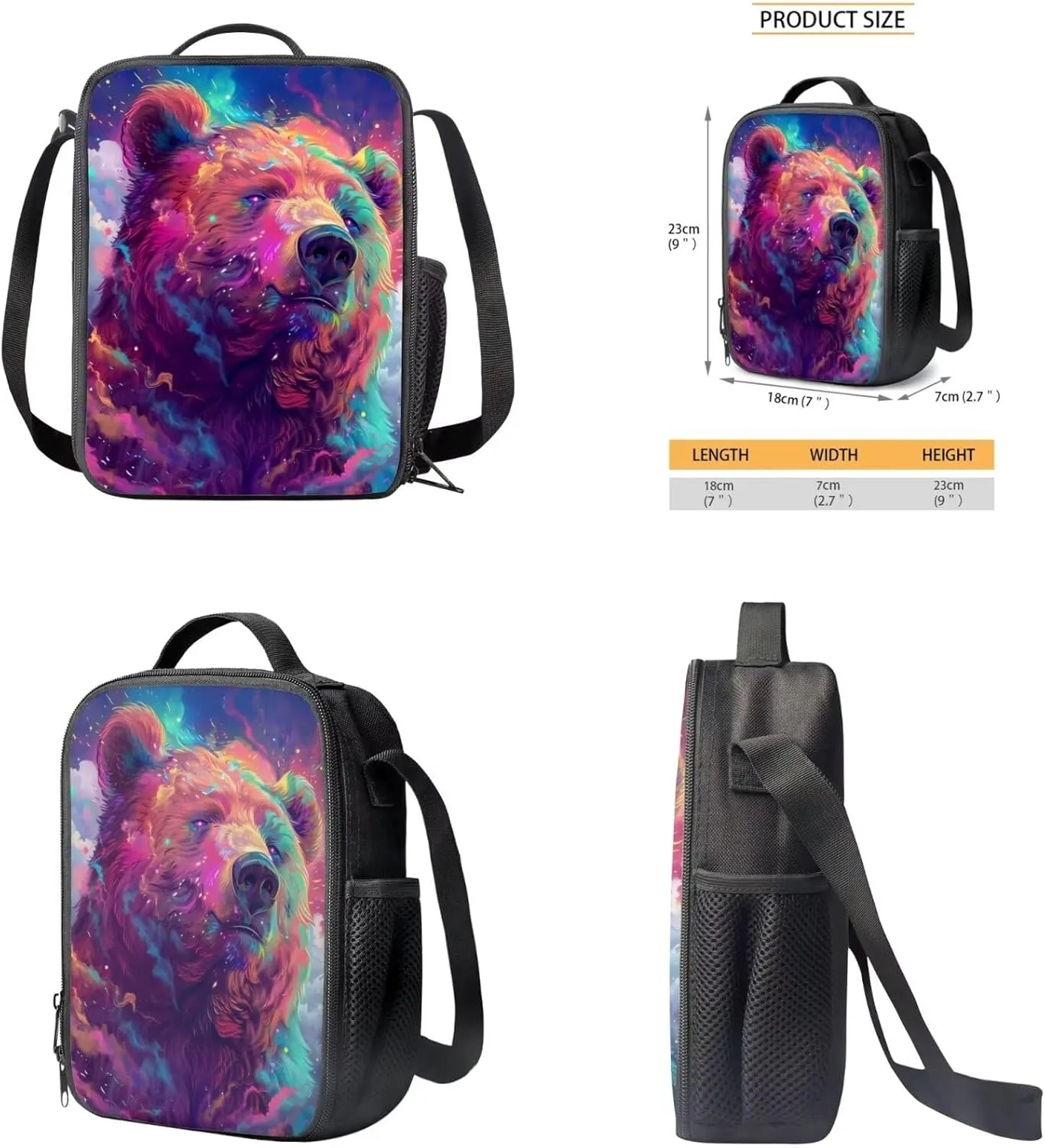 Bear Print School Backpack Set for Girls Age 6-10 Kids Backpack for Boys Adjustable Straps School Bag with Sturdy Zips Foldable Portable Lunch Box Mini Pencil Bag