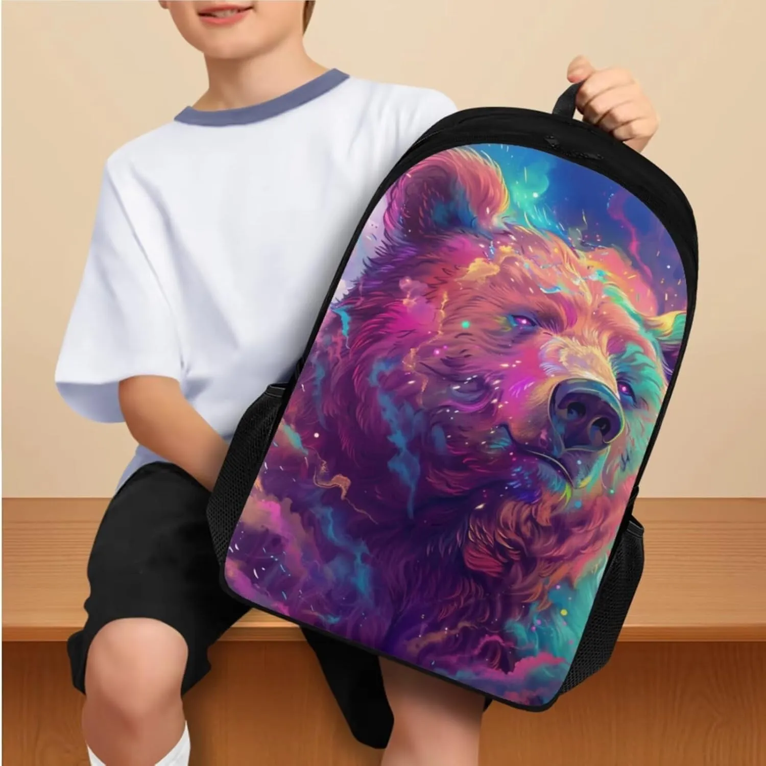 Bear Print School Backpack Set for Girls Age 6-10 Kids Backpack for Boys Adjustable Straps School Bag with Sturdy Zips Foldable Portable Lunch Box Mini Pencil Bag