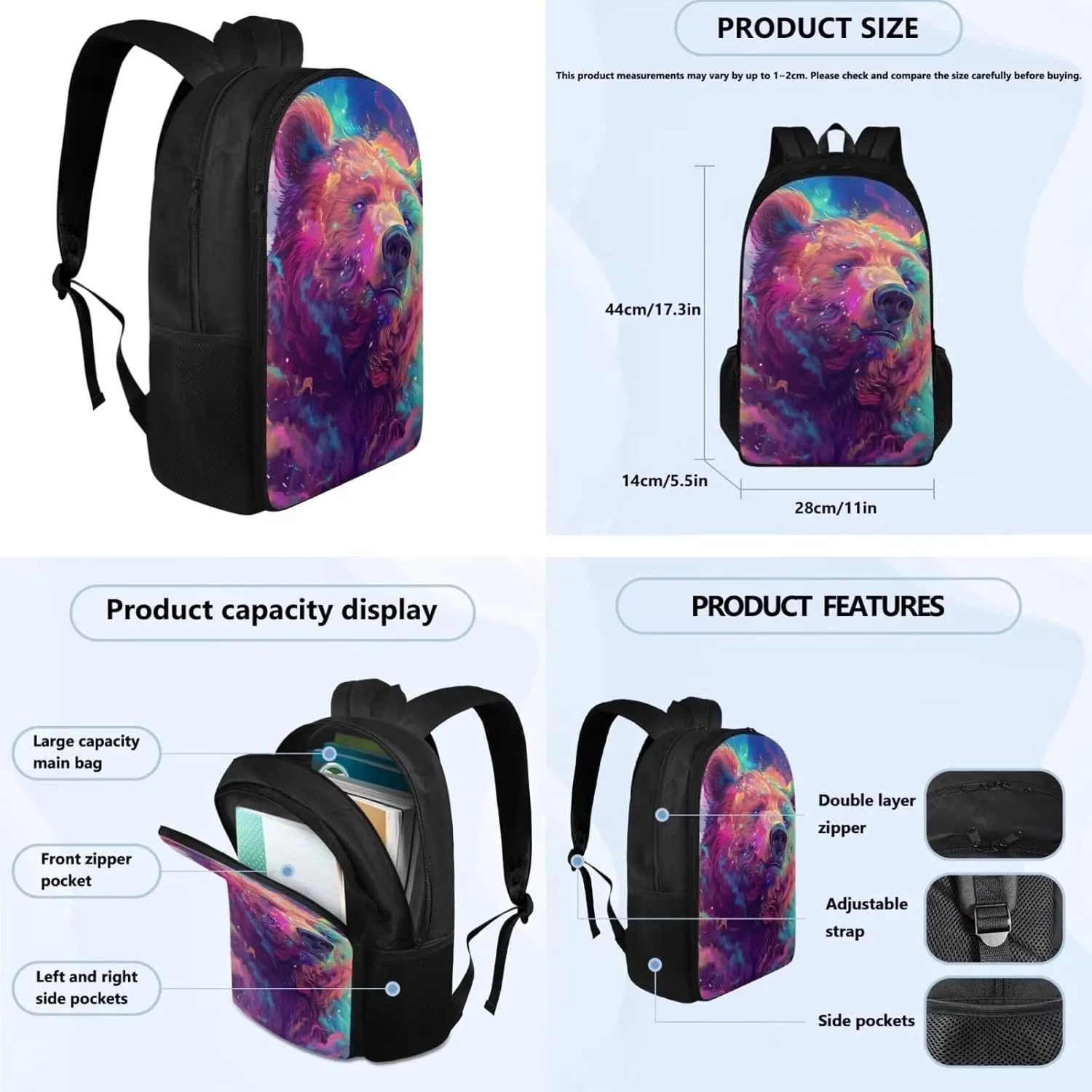Bear Print School Backpack Set for Girls Age 6-10 Kids Backpack for Boys Adjustable Straps School Bag with Sturdy Zips Foldable Portable Lunch Box Mini Pencil Bag
