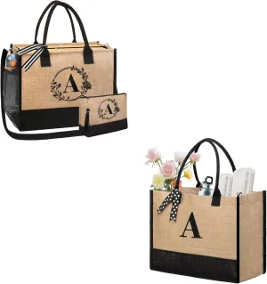 BeeGreen Monogrammed Tote Bag for Women Initial Jute Tote Bag with Zipper Closure,Embroidery Monogram Gift for Mother Friends Personalized Birthday Gifts for Women Wedding Presents for Bridesmaid A