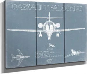 Bella Frye Dassault Falcon 20 Aircraft Blueprint Wall Art - Original Airplane Print 48" x 36" / 3 Panel Canvas Wrap