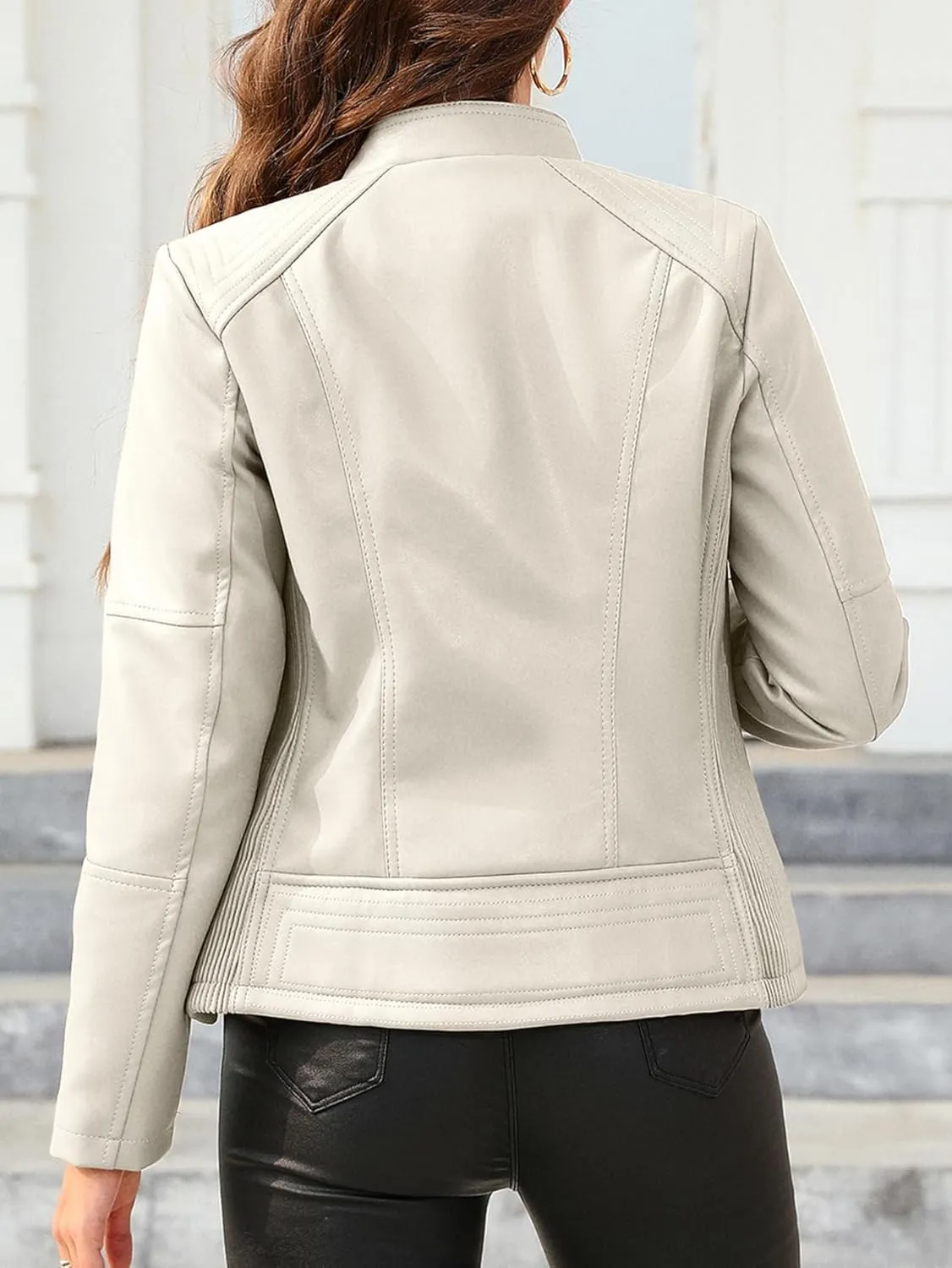 Bellivera Faux Leather Jacket Women Motorcycle Zipper Bomber PU Bike Coat with Pockets